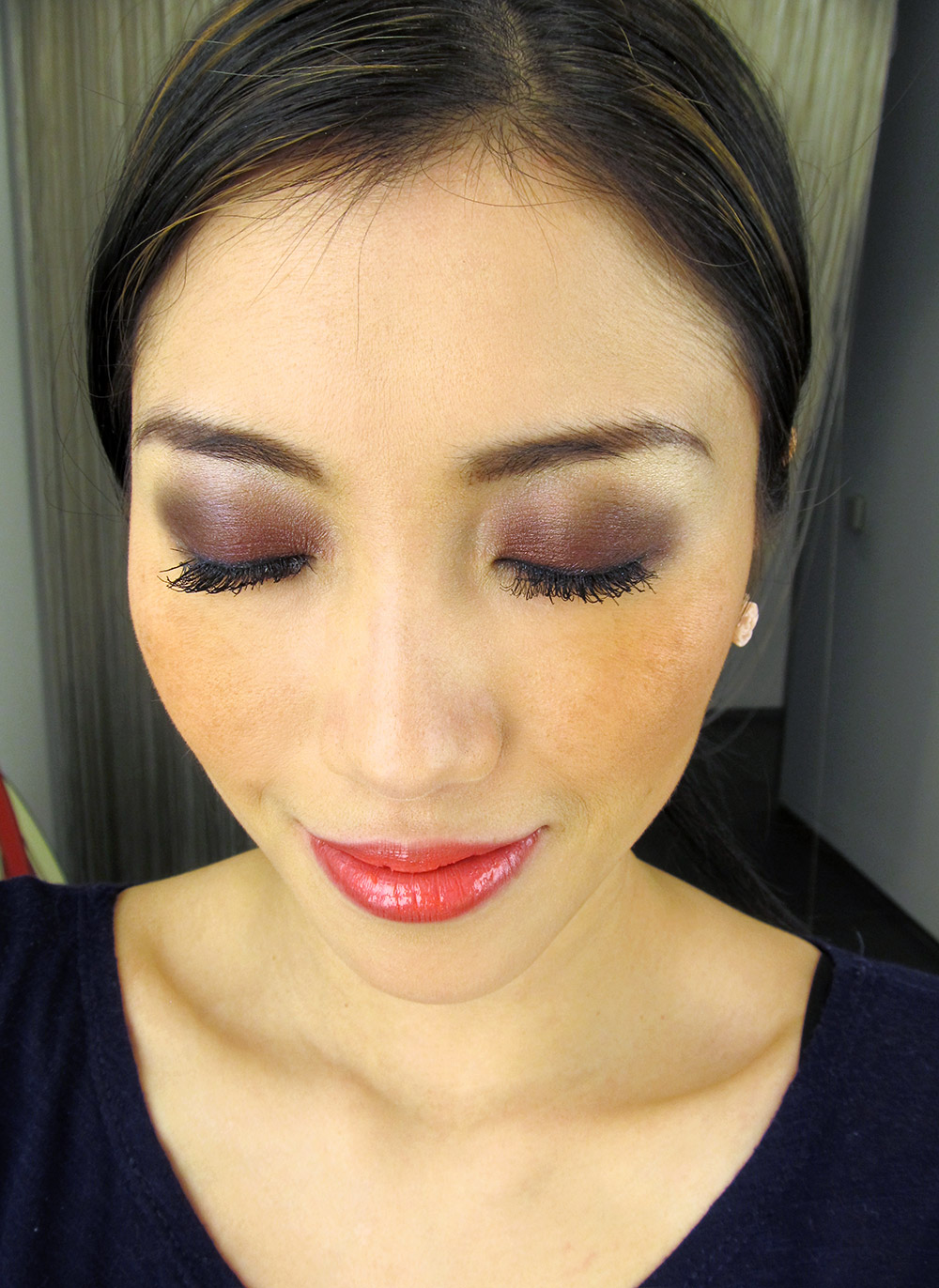 MAC Burgundy smoky eyes with coral lip makeup look