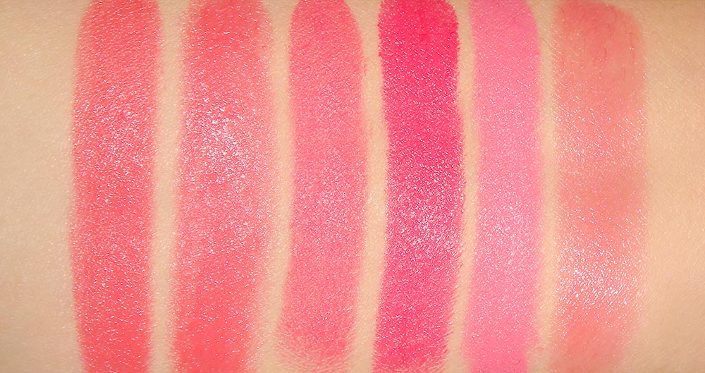 MAC Watch Me Simmer, Red Full Stop, Force of Love, Impassioned, Viva Glam Nicki and Utterly Frivolous coral lipstick swatches comparison