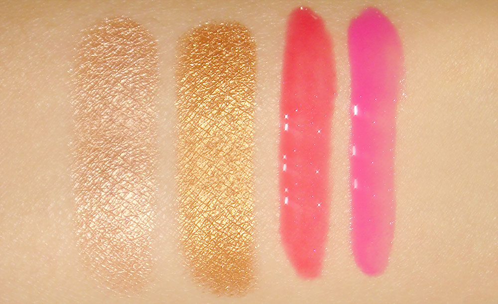 Swatches of Anastasia ILLUMIN8 Shadow duo in On Set and HydraFull Gloss colors in Heiress and Plastic