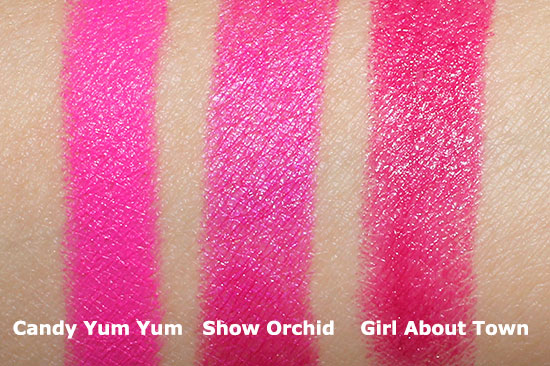 MAC Candy Yum Yum, Show Orchid and Girl About Town Lipstick swatch comparison