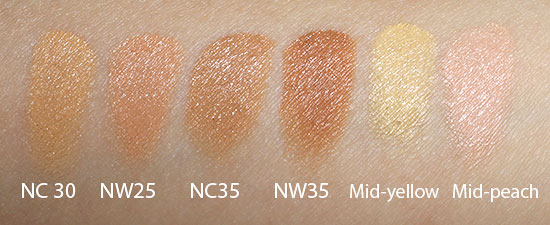 MAC Conceal and Correct Palette Medium NC30, NW25, NC35, NW35 and Mid-yellow, Mid-peach swatches