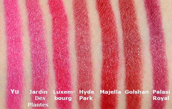 NARS Satin Lip Pencil swatches in Yu, Jardin Des Plantes, Luxembourg, Hyde Park, Majella, Golshan and Palasi Royal