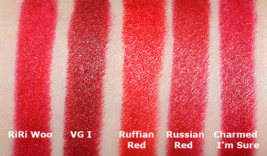 MAC RiRi Woo Lipstick Swatch comparison with MAC Viva Glam I, Ruffian Red, Russian Red and Charmed I'm Sure