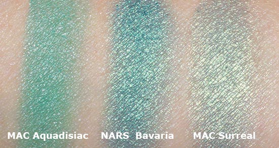 NARS Bavaria, MAC Surreal and Aquadisiac swatch comparison