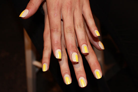 Colorblocked nude and yellow nails at Christian Siriano S/S 2014