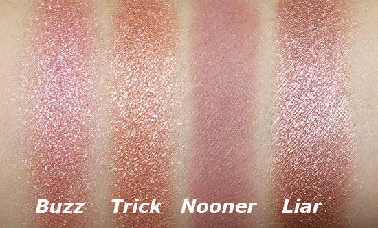 Urban Decay Naked 3 Buzz, Trick, Nooner and Liar swatches