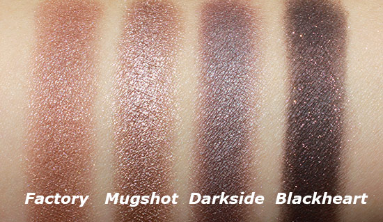 Urban Decay Naked 3 Factory, Mugshot, Darkside and Blackheart swatches