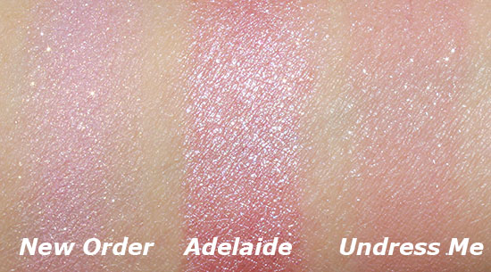 NARS New Order Highlighting Blush vs NARS Adelaide Illuminator vs NARS Undress Me Multiple swatch comparison