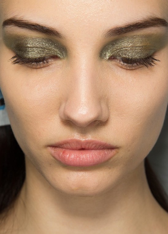 Glittery khaki eye makeup at Dior Fall 2014