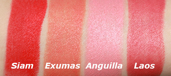 Swatches of NARS Siam, Exumas, Anguilla and Laos Matte Multiples