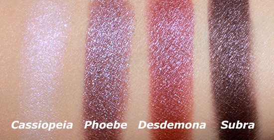 NARS Cassiopeia, Phoebe, Desdemona and Subra Dual Intensity Eyeshadow Swatches